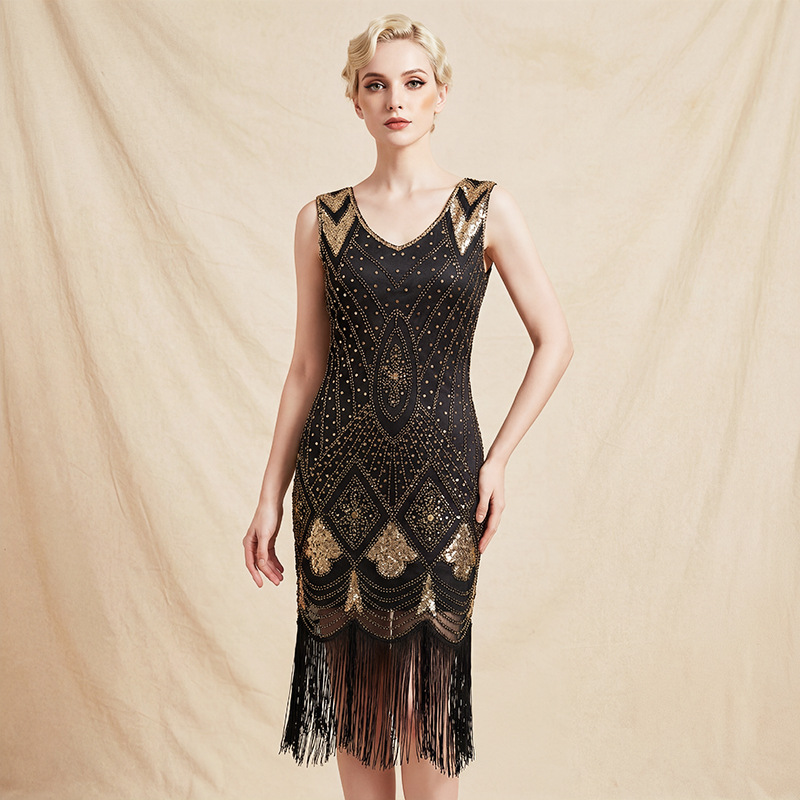 Wish Banquet Evening Dress 1920S Retro Sequin Dress Tassel Front and Back Deep V Neck Fashion Beaded Retro Style