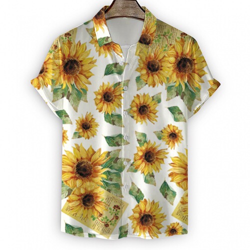 Summer Men's Beach Shirts 3D Digital Sunflower Print Short Sleeve Top Flower Casual Blouse