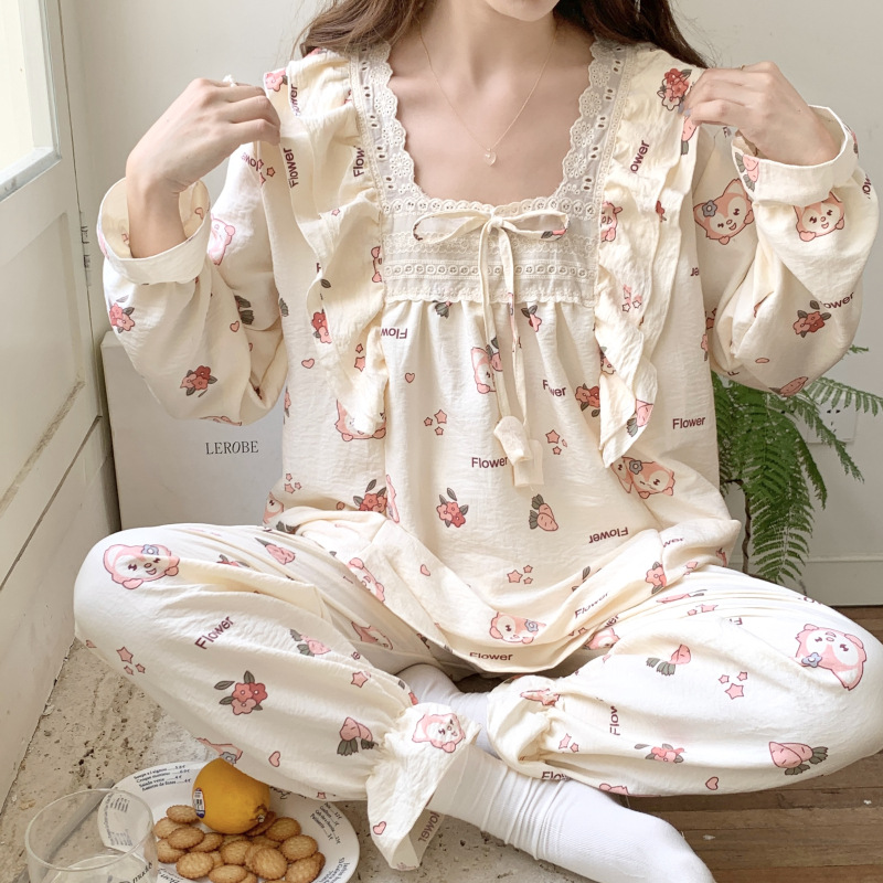 Lingna Beier niña pijamas Otoño e Invierno estilo japonés fresco casual estudiante manga larga desgaste del hogar conjunto de dos piezas se puede usar fuera