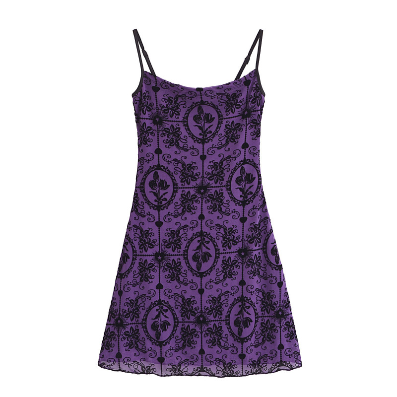 2024 New Vintage Printed Pure Desire Purple Sling dress French Square Collar Sexy Slim Mini Dress