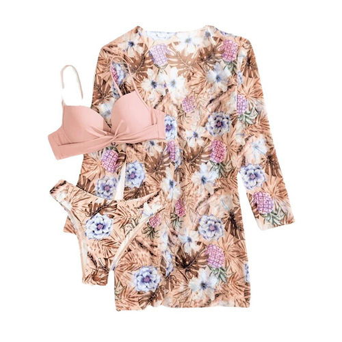 2025 New Amazon European and American Sunscreen Beach Three-Piece Bikini Swimwear for Women with Floral Prints Wholesale