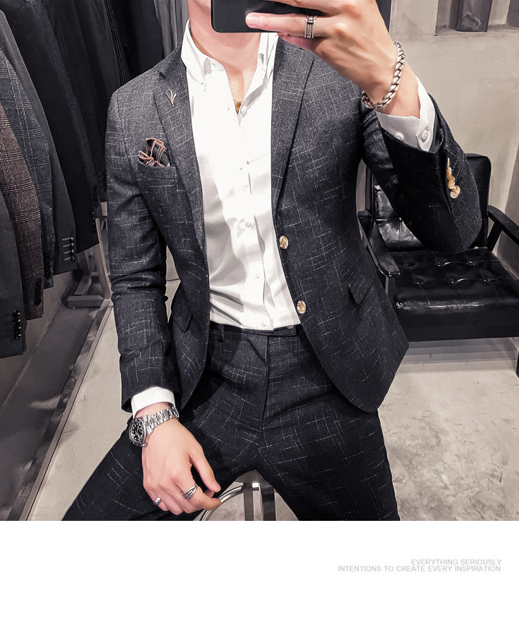 Men's Slim Fit Suit With Dark Pattern Two Button Jacket And Trousers_voghion.com