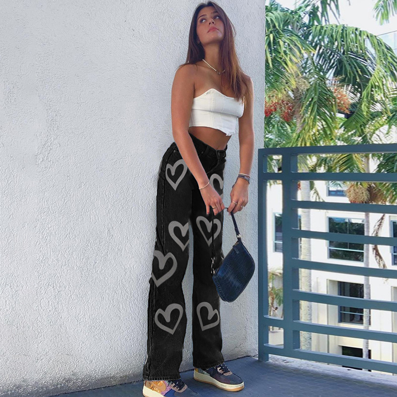 high waist love print/graffiti loose wide-leg jeans NSXXL128515