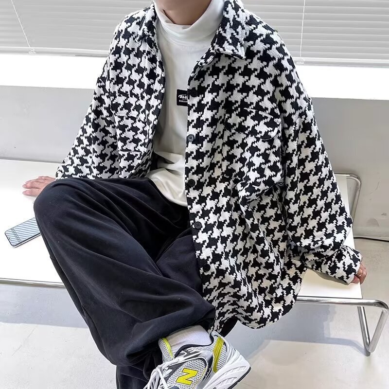 2024 New Fashion Autumn Hong Kong Style Shirt Jacket Men's Trendy Houndstooth Casual Lapel Woolen Jacket