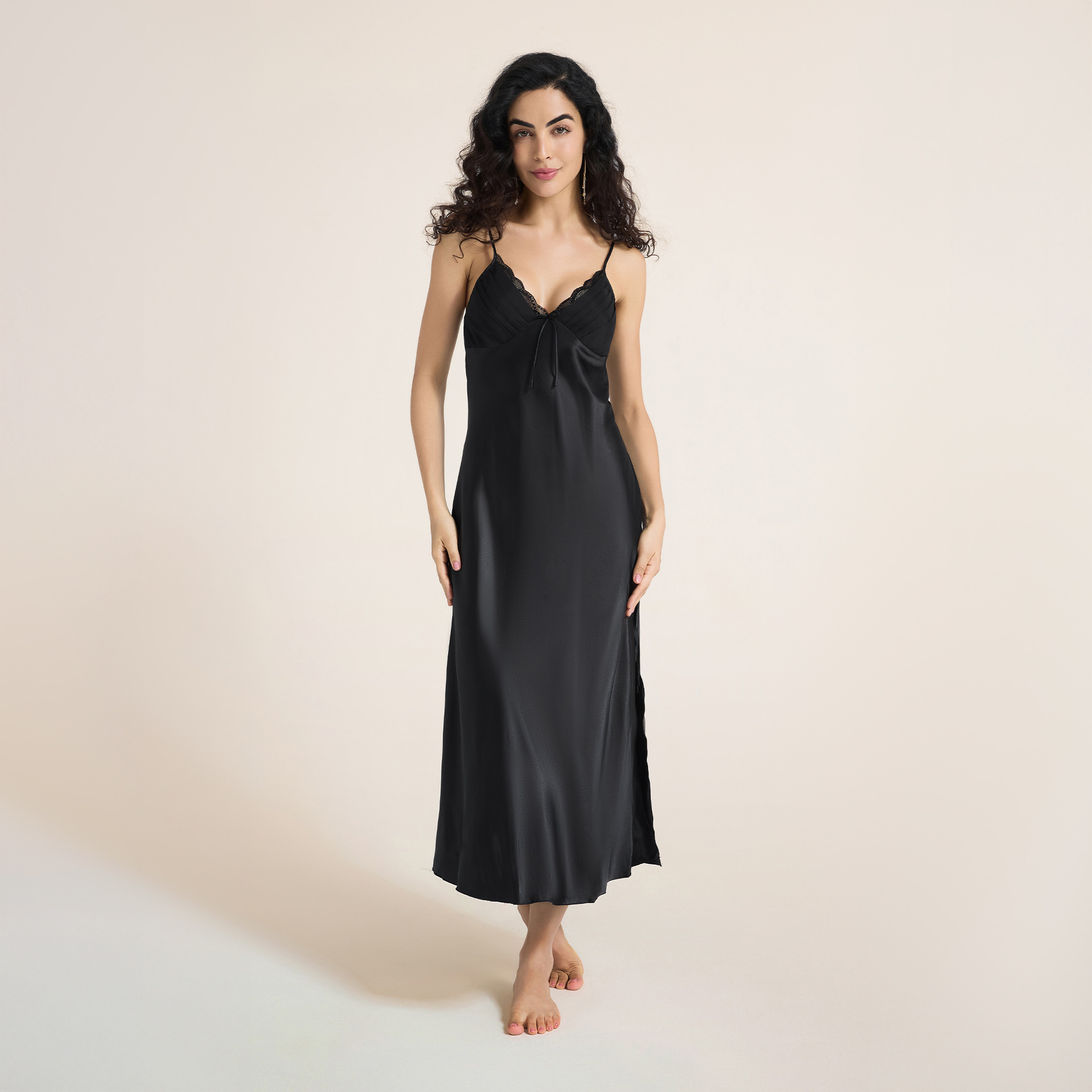 Yaoting Cross-Border Camisole Nightgown for Women, Summer Ice Silk Sexy Slit Long Nightdress with Bow, Home Wear Camisole Dress