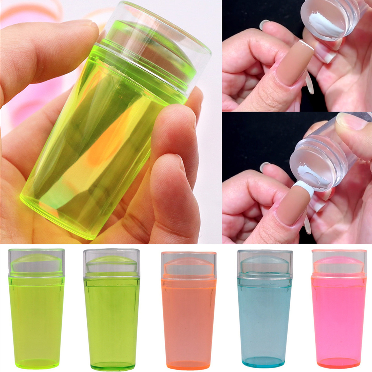 Nuevo sello de silicona de color fluorescente con tapa Juego de 2 piezas de mango de color que hace el sello de uñas francés con raspador grande