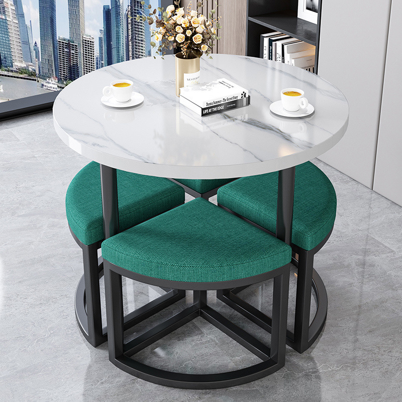 Taburete de tela verde oscuro + mesa de mármol imitado