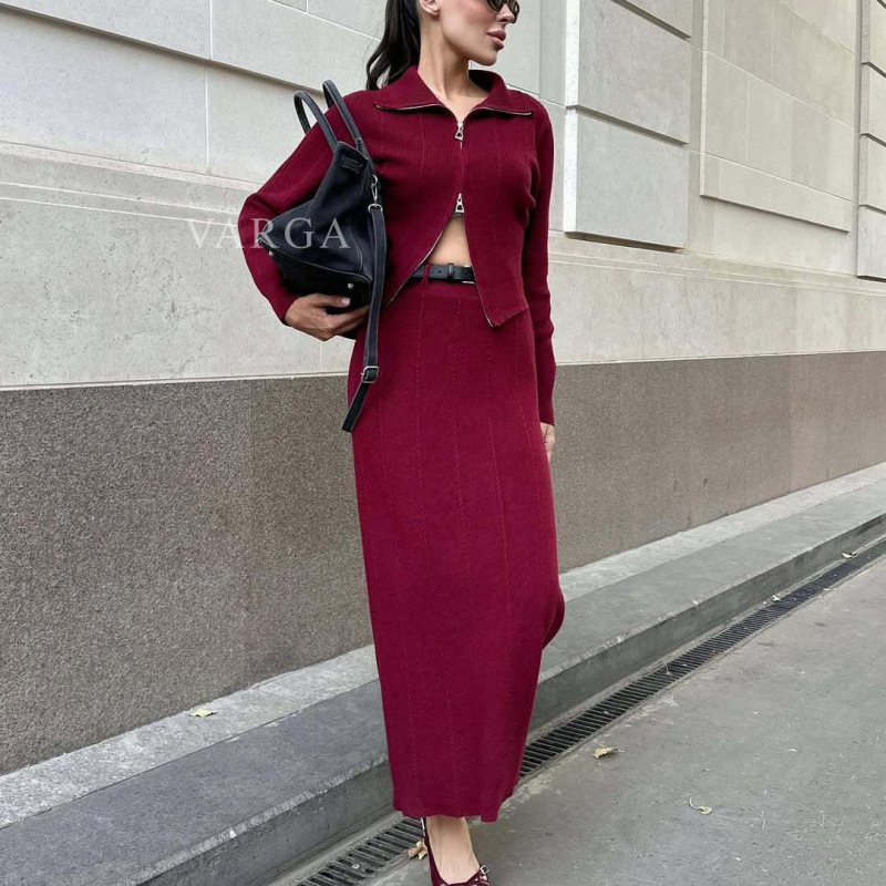 2025春の新型越境欧米の外国貿易の婦人服の純色の長袖のファスナーのコートの半身のスカートのファッションのスーツ|undefined