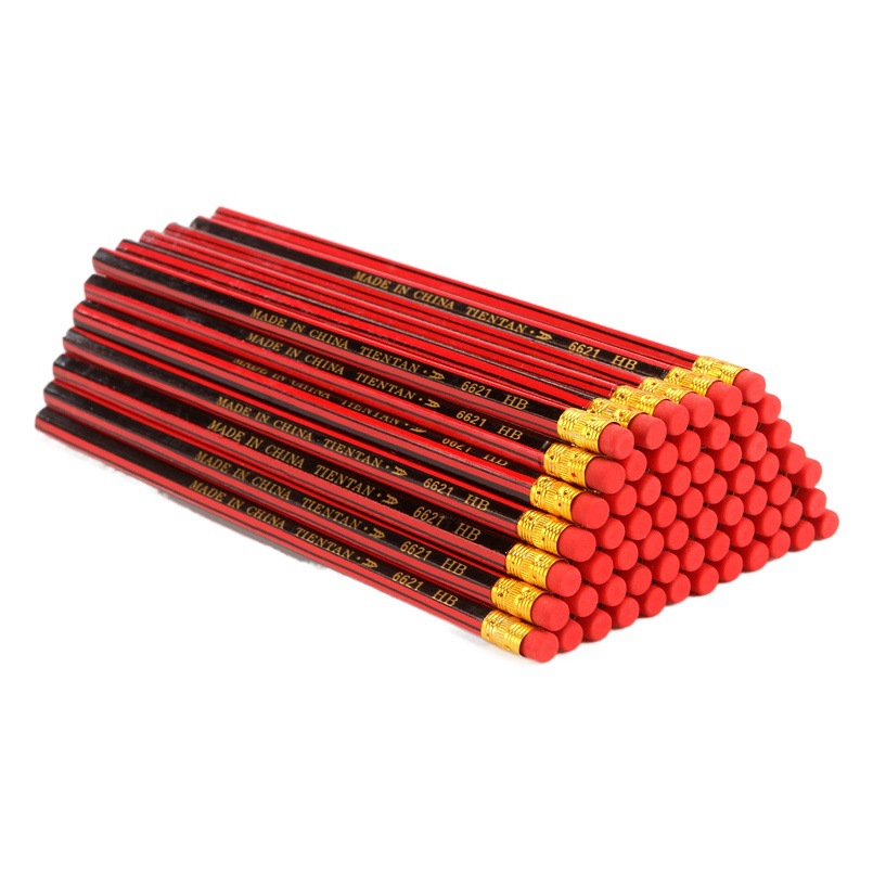 Red and Black Drawstrip Pencil Hexagon HB Drawing Sketch Pencil with Eraser Primary School Student Pencil Stationery Pencil with Film