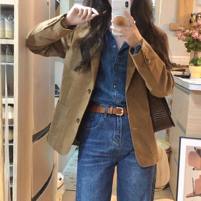 复古高级感御姐风灯芯绒棕色长袖西服女春秋短款工装外套上衣|undefined