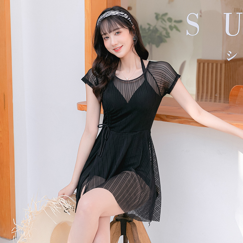 Boxer traje de baño de una pieza de estilo coreano de las mujeres falda conservadora de moda que adelgaza el traje de baño que cubre el vientre traje de baño de playa de aguas termales