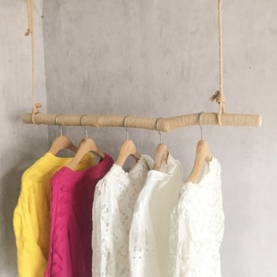 Clothing Store Branch Hangers, Simple Wooden Display Racks, Ceiling Hanging Racks, Clothes Drying Rods, Hemp Rope Hanging Women's Clothing Shelves