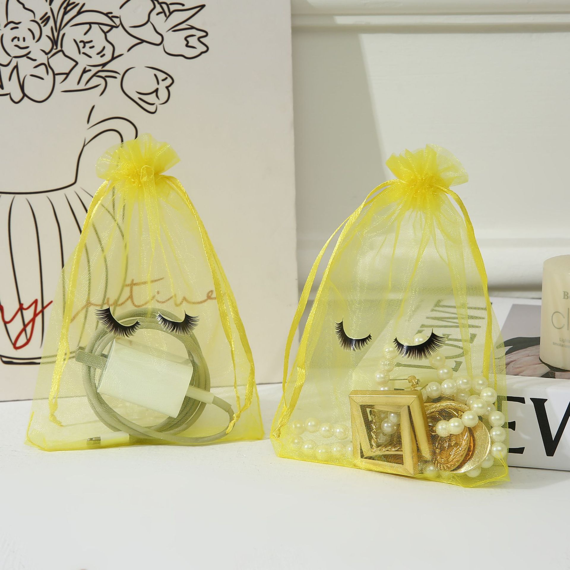 노란색;[인쇄된 속눈썹 거즈 가방];13*18cm