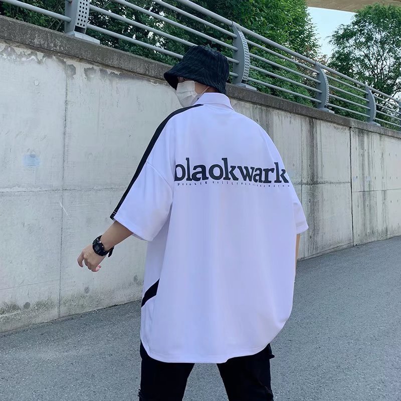 High Street American retro manga corta Camiseta hombres ins suelta costura motocicleta impresa pareja Polo camisa