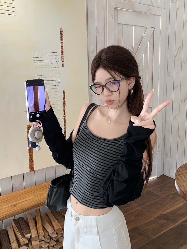 小众撞色条纹吊带背心辣妹套装女秋季气质长袖开衫短款外套两件套|undefined