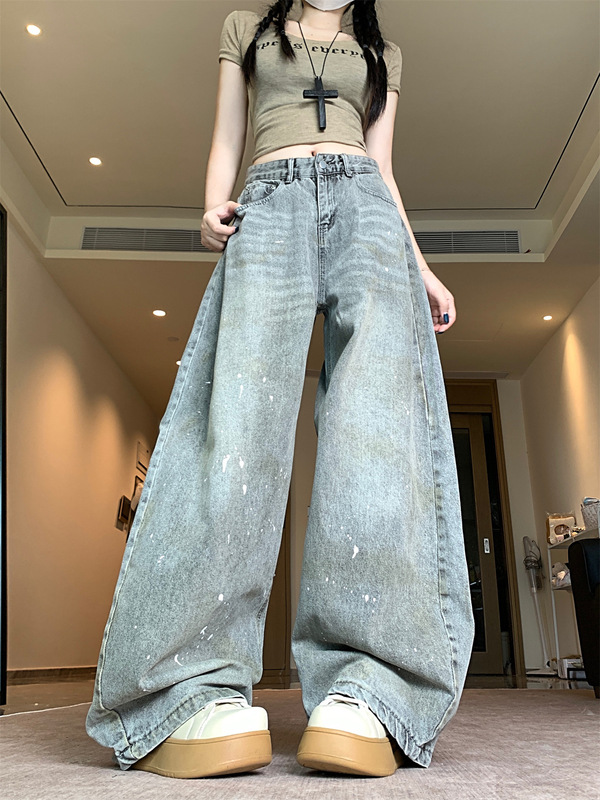 实拍！！！灰色泼墨弯刀牛仔裤男女潮牌美式街头宽松裤子东南亚棉|undefined