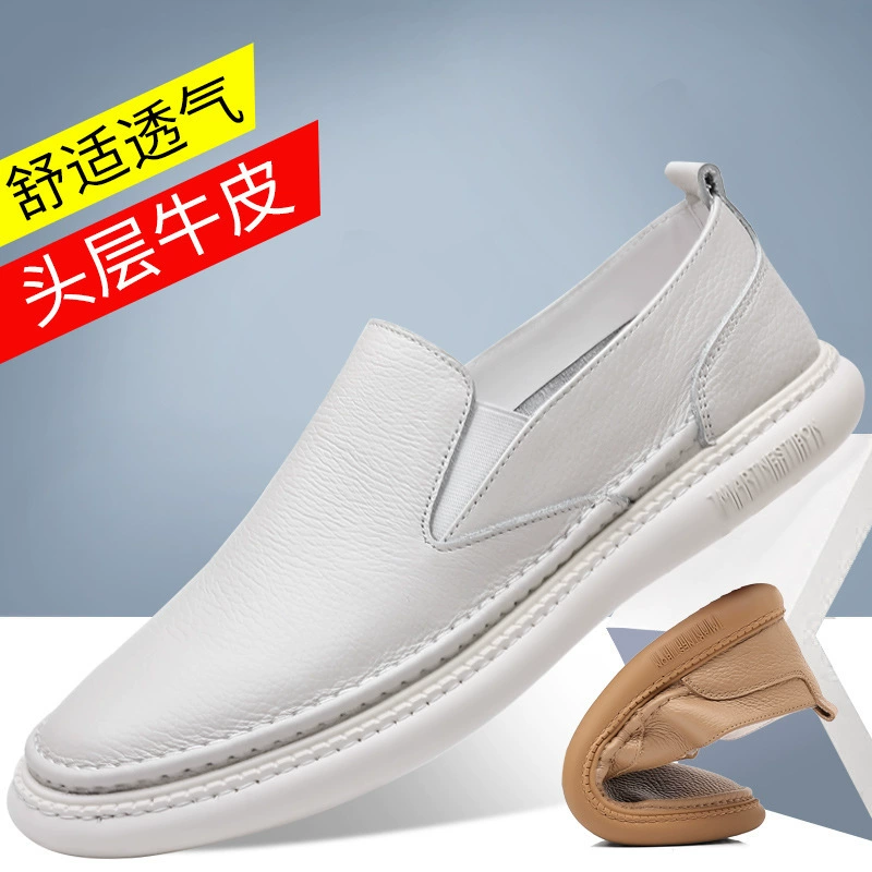 Summer shoes for leather shoes, breathable white footwear for leisure, cowhide, genuine leather