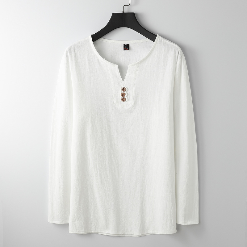 リネン長袖TシャツメンズVネック夏ゆったり薄手復活中国風紳士服綿麻文学メンズTシャツ|undefined