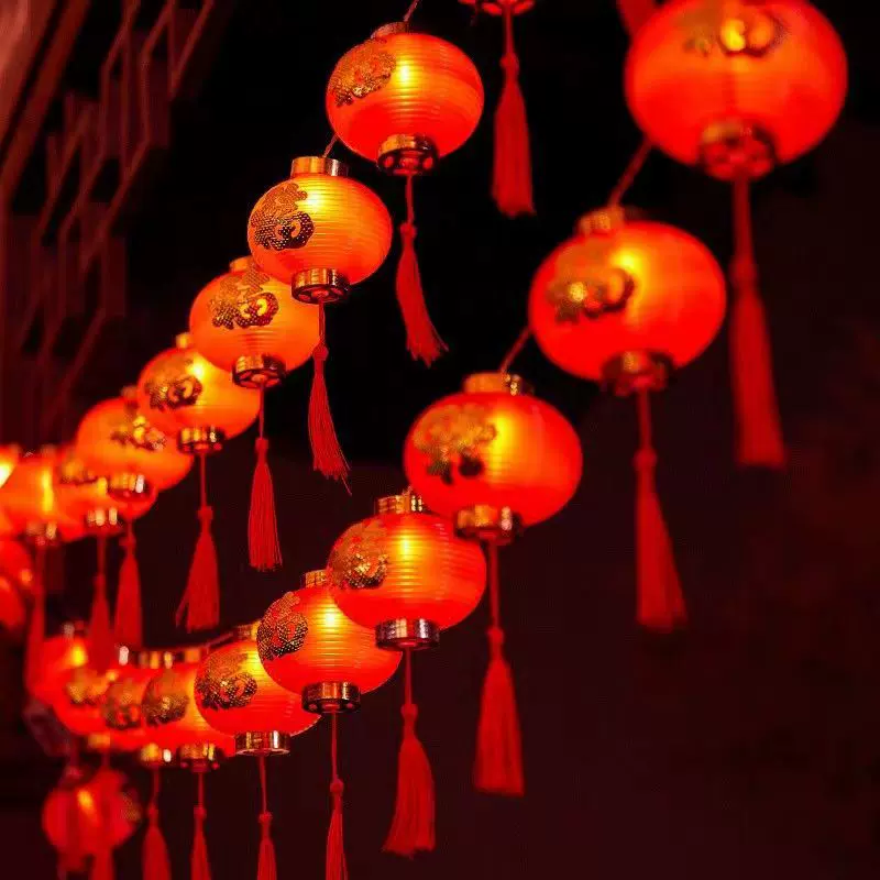 现货新年大红福字灯笼金光窗帘灯笼圣诞灯串喜庆挂灯装饰手工小灯