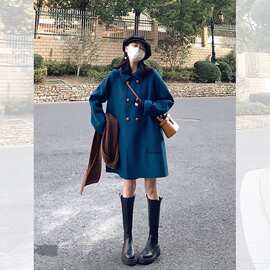 蓝色翻领双排扣毛呢外套女秋冬季气质休闲显瘦减龄中长款呢子大衣