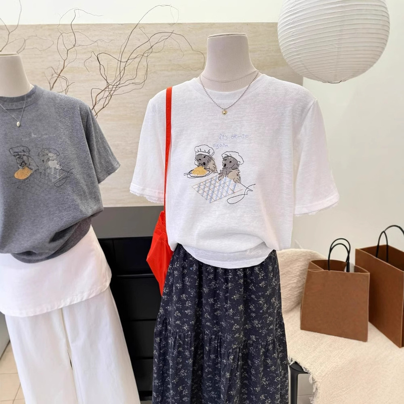 Korean-Style Fun Printed Lace Versatile Short-Sleeve T-Shirt for Women, 2026 Spring/Summer New Casual Loose Slimming Top