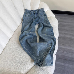 重工の熱いドリルのジーパンの女性の夏の新型の大きいサイズのナシの形の小柄な体はゆったりしていて、やせているまっすぐな筒の広い足のズボンが見えます。