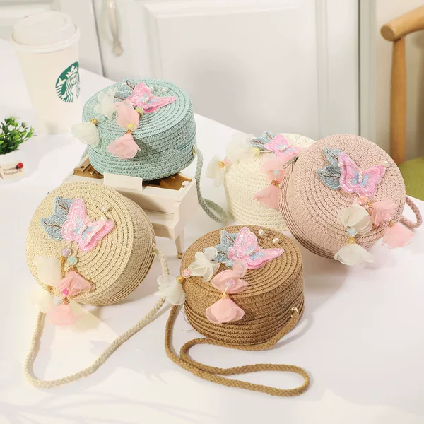 New children's straw bag cute cartoon children's coin purse crossbody small round bag factory direct cross-border delivery