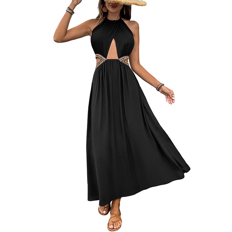 2026 nueva falda larga de verano transfronteriza europea y americana temperamento imperial hermana hueca cintura abierta sin mangas vestido de cuello colgante de mujer