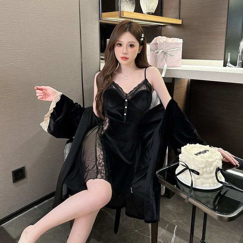 Pure Desire Sexy Cute Girl's Nightdress suit Golden Velvet Slip Skirt Gown Two-Piece Set Comfortable Home Clothes