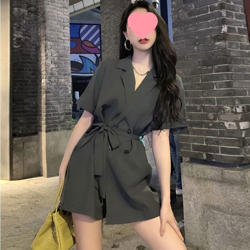 Petite Stylish Wide-Leg Shorts High-Waisted Slimming Trendy Suit Jumpsuit for Women Summer French-Style Dress Pants Set