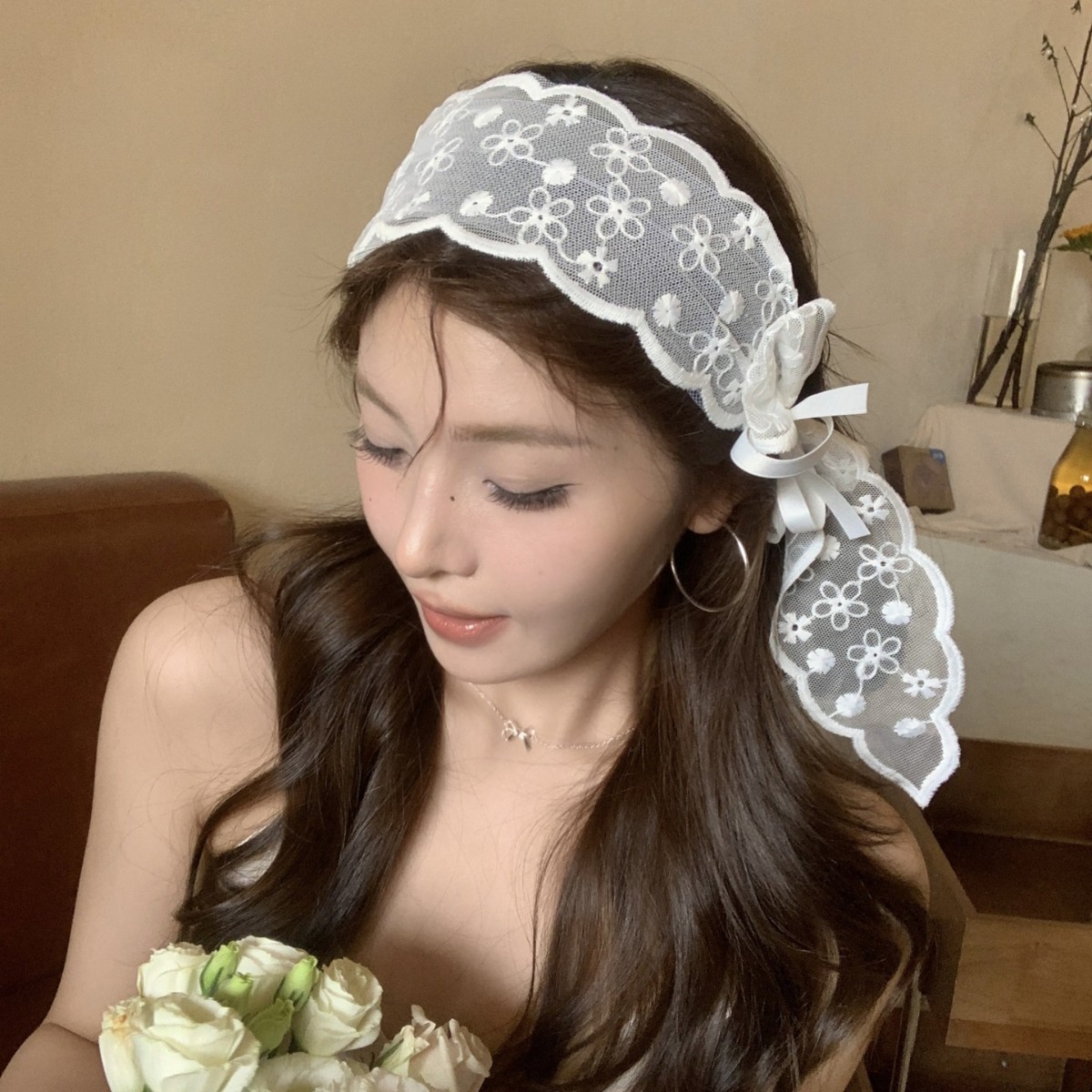 Diadema impresa con bordado de flores de encaje de estilo ballet, diadema de ala ancha dulce de alta gama, accesorios para el cabello