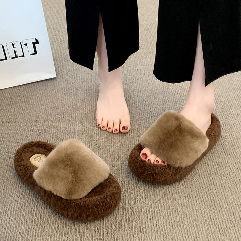 Thick-Soled Furry Slippers for Women's Outer Wear 2025 New High-End Plush Velvet One-Line Home Warm Cotton Slippers Wholesale