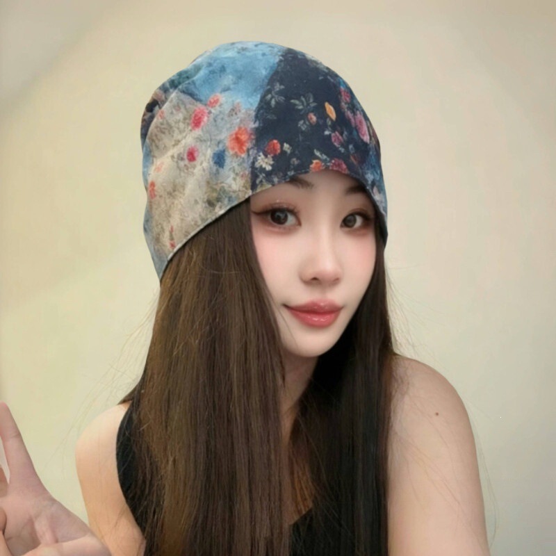 High-End Dyed Double-Sided Spring and Summer Stylish Versatile Face-Slimming Beanie Hat for Women, Retro Artistic Style Headscarf Hat