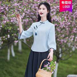 新款复古棉麻旗袍套装女装斜襟盘扣年轻版茶服两件套唐装女