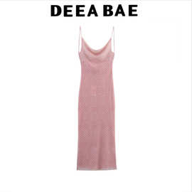 DEEABAE 2025春季新品 女装 印花绢网垂褶领吊带长连衣裙 5039355