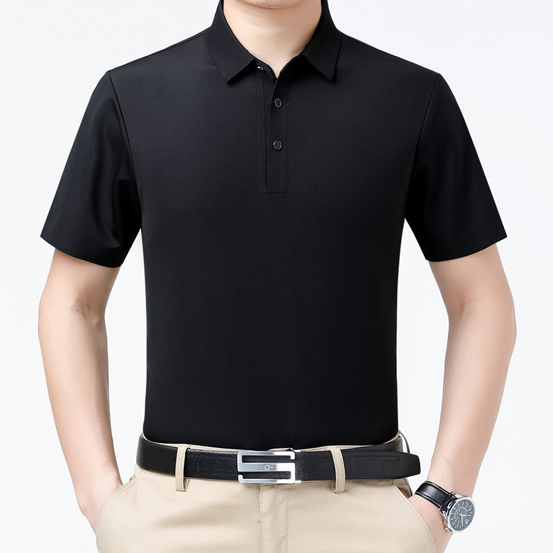 2025 High-End Pure Color Silk Seamless Short-Sleeved T-Shirt Men's Brand Lapel Young and Middle-Aged Professional Loose Versatile T-Shirt