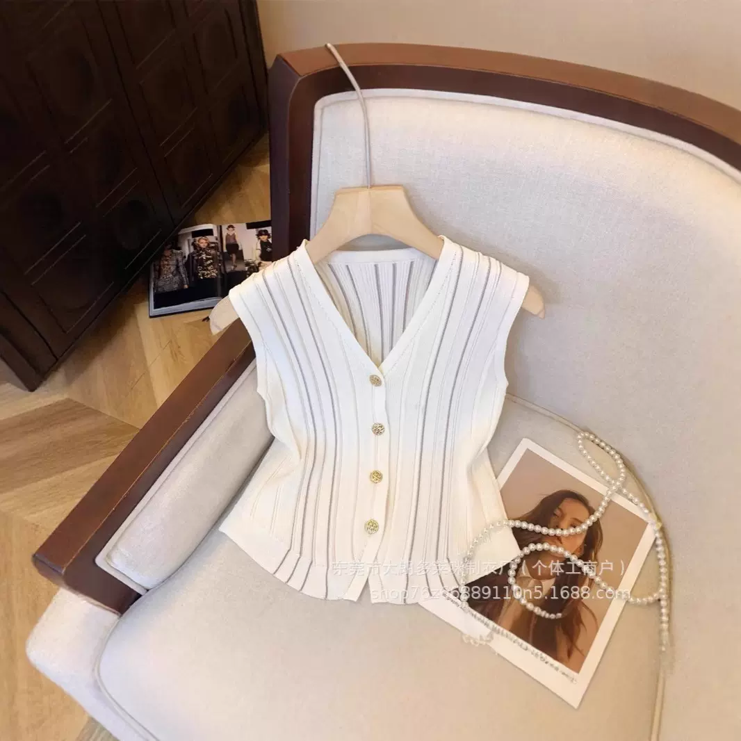 法式性感辣V领无袖背心春夏薄款条纹修身百搭妹马甲女装针织衫