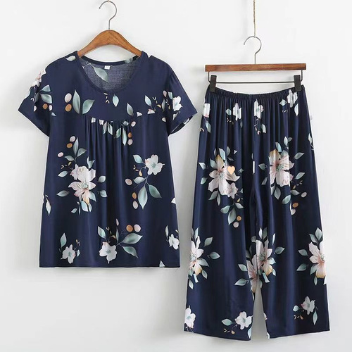 Mom's Summer Casual Ice Silk Set Loose Plus Size Grandmother Short Sleeve Top Loose Middle-Aged and Elderly Two-Piece Set
