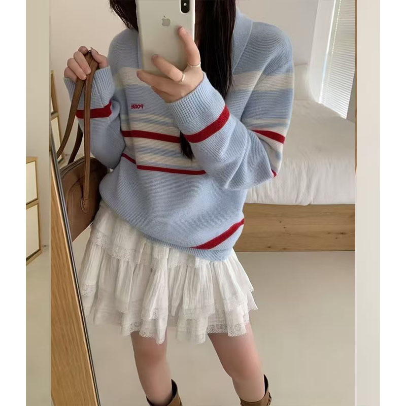 韩代款复古条纹撞色polo领针织衫女简约气质高级感半拉链早秋毛衣|undefined