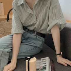 竖条纹夏季复古宽松设计感休闲半袖翻领衬衫