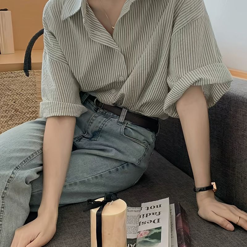 竖条纹夏季复古宽松设计感休闲半袖翻领衬衫|undefined