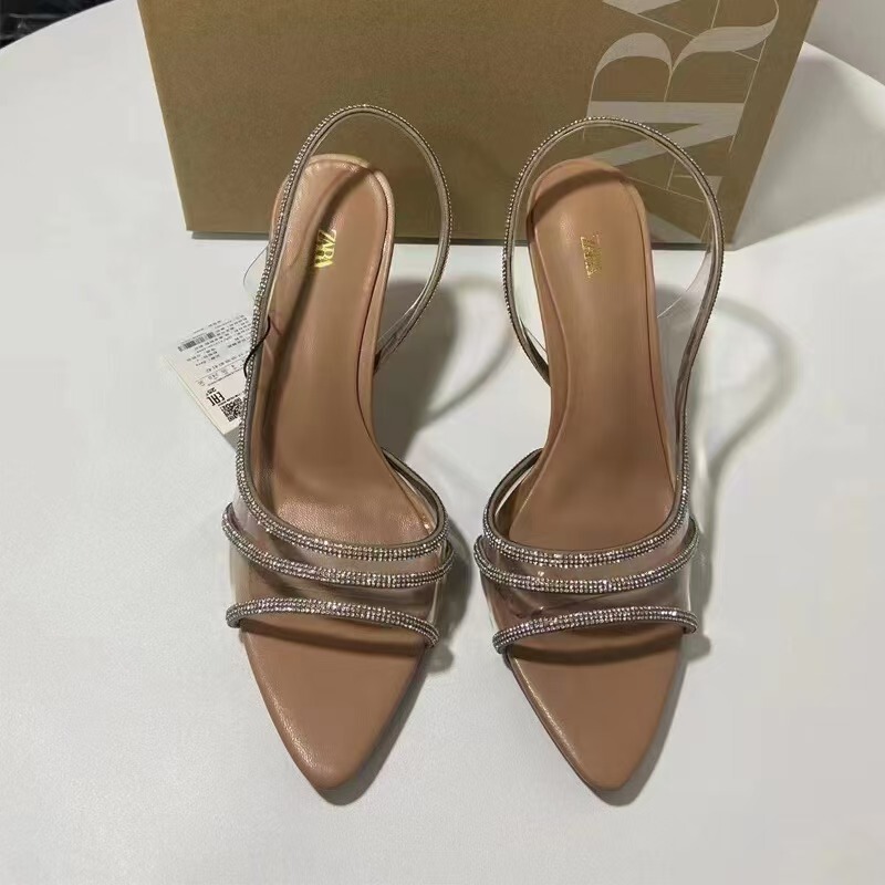 Za2023 New Summer High-Heeled Stiletto Pointed Toe Pvc Rhinestone Bright Shallow Mouth Open Toe Open Heel Elegant Women's Sandals