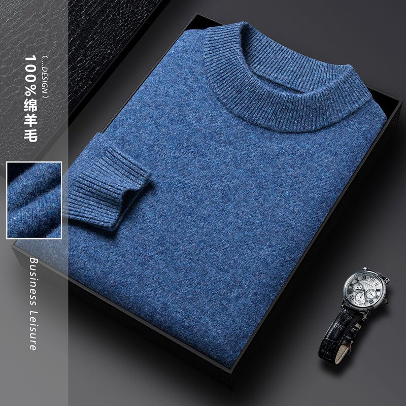 Woolen sweater men's half turtleneck thickened undershirt middle-aged and elderly autumn and winter warm 100 pure wool thick sweater