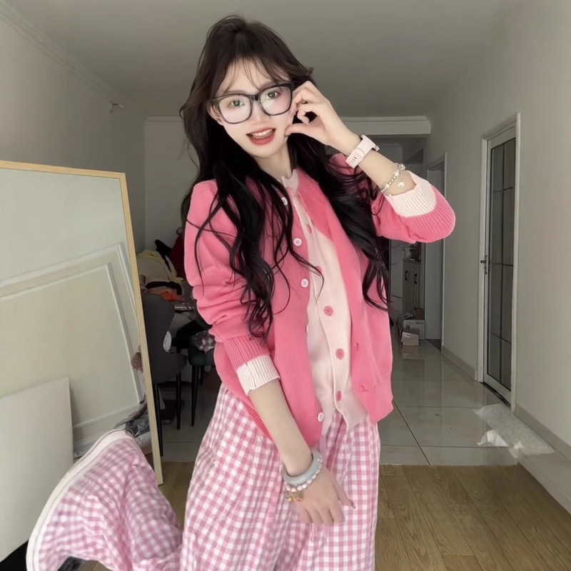 Dopamine Wear Pink Drawstring Plaid Wide Leg Casual Pants Women's Spring Loose Slim High Waist Drawstring Straight Pants Dopamine Wear Pink Drawstring Plaid Wide Leg Casual Pants Women's Spring Loose Slim High Waist Drawstring Straight Pants
