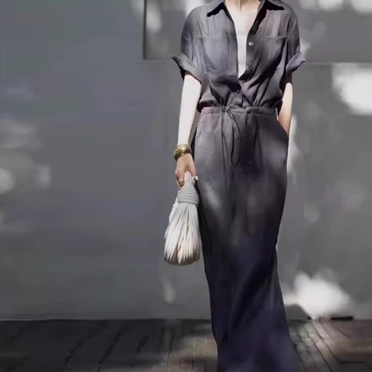 Csm Summer New Cotton and Linen Shirt Dress Women's Korean Style Drawstring Design Thin Straight Slit Long Skirt