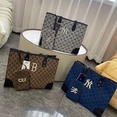 MLB横款托特包NY满印复古老花帆布斜挎手提单肩包大容量购物袋女