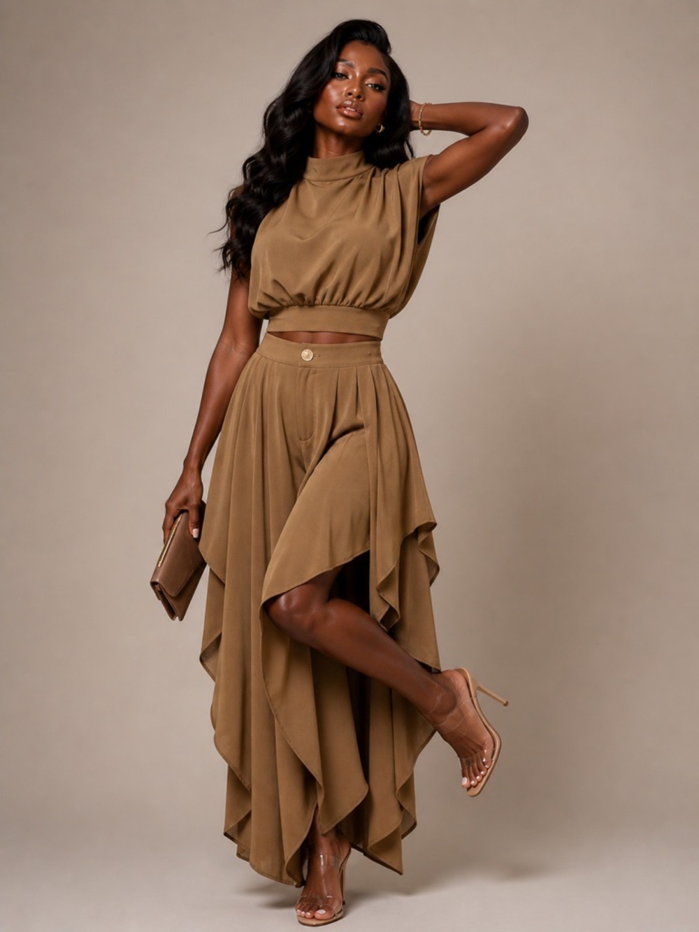 French Style Women's Niche Sleeveless Two Piece Set High Neck Cropped Top Irregular Ruffles Wide Leg Pants_ecoleips.com