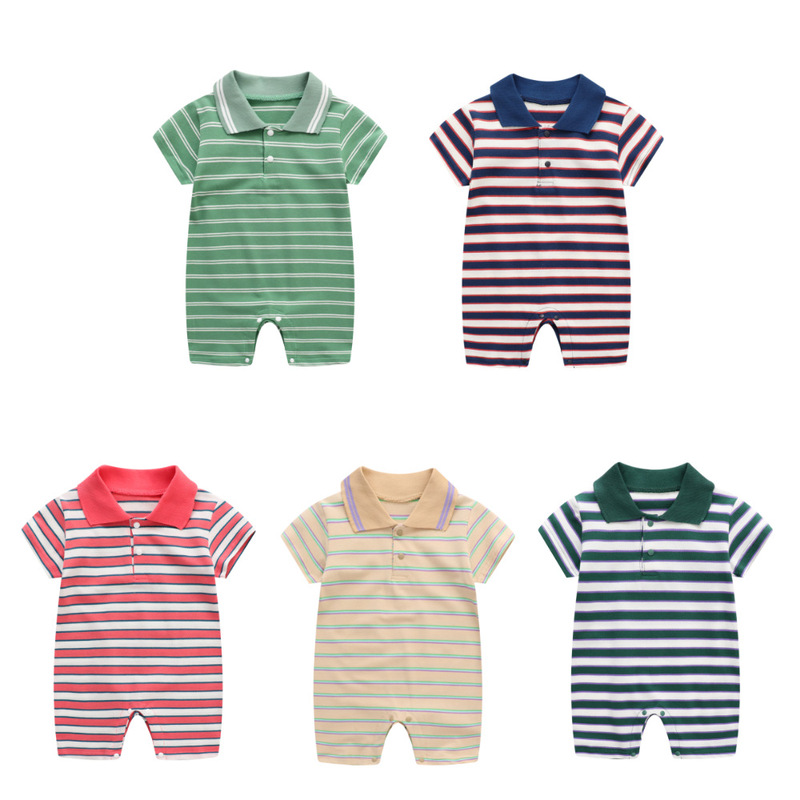 Ins New Children's Wear Summer Short-sleeved Baby Jongsuit Striped Lapel Gentleman's Haxi Baby Men's Clothes Outfit
