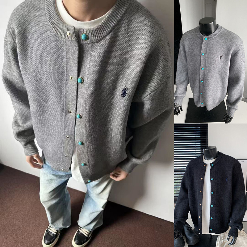 Cardigan Knit Sweater Men's Jacket with Horse Riding Logo Embroidery, Old Money Style Turquoise Buttons, Trendy Foreign Trade Cross-Border Wholesale