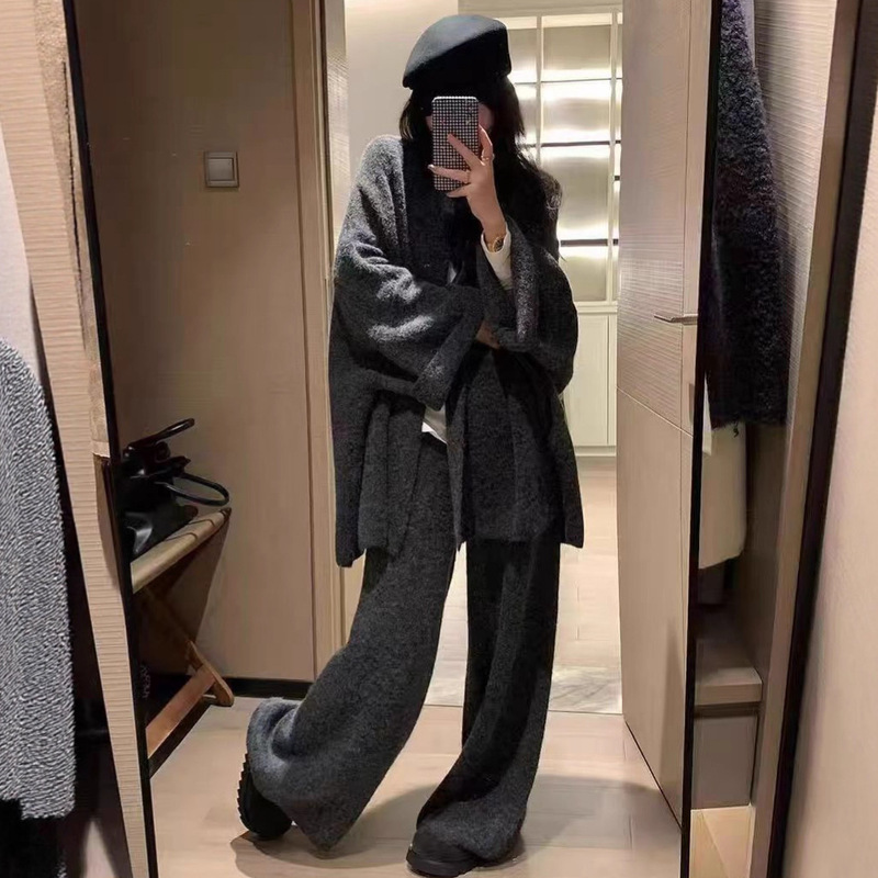 慵懒风针织套装女秋冬新款跨境宽松针织毛衣外套阔腿裤两件套装女|undefined